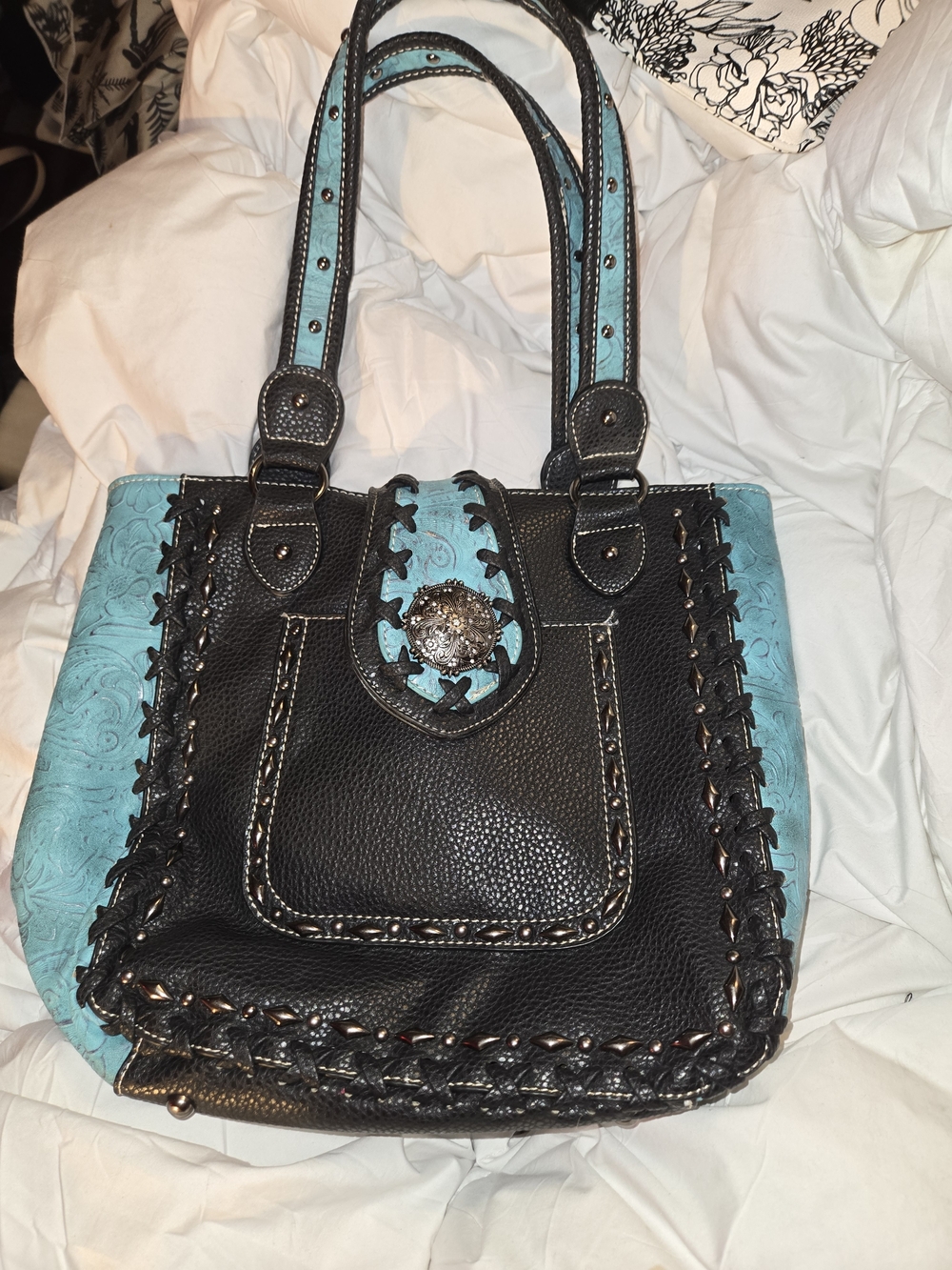 P&G Black & Turquoise Women’s Tote Bag with Decorative Concho